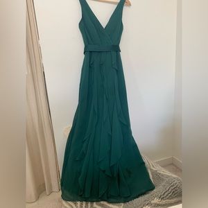 White By Vera Wang Forest Green Size 2 Chiffon V-Neck Wrapped Bodice Satin Belt
